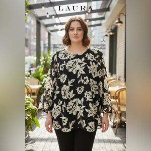 Laura, Floral Print Chiffon Blouse with Built-In Lining, Size 18, Black & Cream